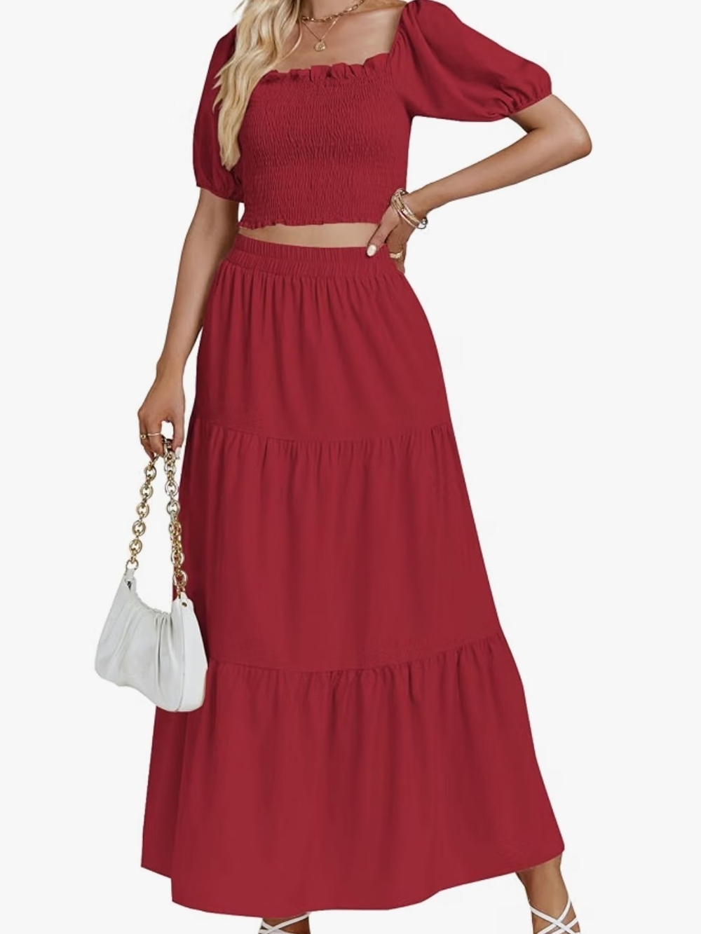 Women's Red Tiered Maxi Skirt Set